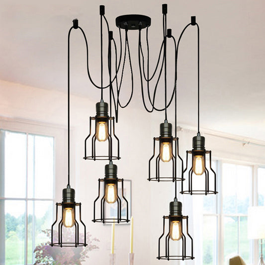 6/10 Bulbs Pendant Lamp Vintage Stylish Metal Swag Ceiling Fixture with Wire Guard in Black for Dining Room 6 Black Clearhalo 'Art Deco Pendants' 'Black' 'Cast Iron' 'Ceiling Lights' 'Ceramic' 'Crystal' 'Industrial Pendants' 'Industrial' 'Metal' 'Middle Century Pendants' 'Pendant Lights' 'Pendants' 'Rustic Pendants' 'Tiffany' Lighting' 621923