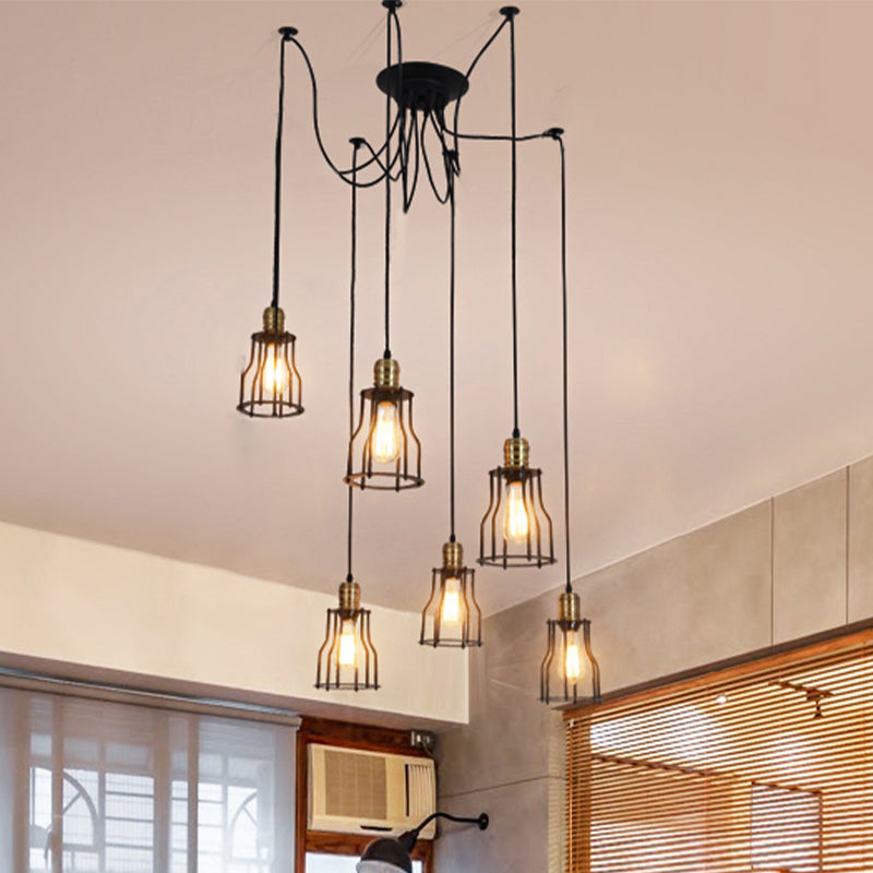 6/10 Bulbs Pendant Lamp Vintage Stylish Metal Swag Ceiling Fixture with Wire Guard in Black for Dining Room Clearhalo 'Art Deco Pendants' 'Black' 'Cast Iron' 'Ceiling Lights' 'Ceramic' 'Crystal' 'Industrial Pendants' 'Industrial' 'Metal' 'Middle Century Pendants' 'Pendant Lights' 'Pendants' 'Rustic Pendants' 'Tiffany' Lighting' 621925
