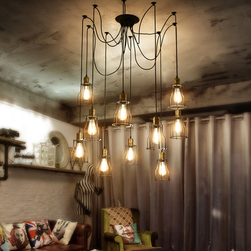 6/10 Bulbs Pendant Lamp Vintage Stylish Metal Swag Ceiling Fixture with Wire Guard in Black for Dining Room 10 Black Clearhalo 'Art Deco Pendants' 'Black' 'Cast Iron' 'Ceiling Lights' 'Ceramic' 'Crystal' 'Industrial Pendants' 'Industrial' 'Metal' 'Middle Century Pendants' 'Pendant Lights' 'Pendants' 'Rustic Pendants' 'Tiffany' Lighting' 621928