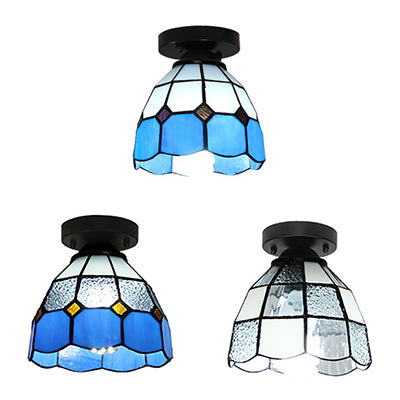 Tiffany Style Dome Ceiling Light Stained Glass 1 Light Flush Ceiling Light in White/Blue/Clear for Corridor Clearhalo 'Ceiling Lights' 'Close To Ceiling Lights' 'Close to ceiling' 'Glass shade' 'Glass' 'Pendant Lights' 'Semi-flushmount' 'Tiffany close to ceiling' 'Tiffany' Lighting' 62201