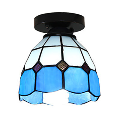 Tiffany Style Dome Ceiling Light Stained Glass 1 Light Flush Ceiling Light in White/Blue/Clear for Corridor Clearhalo 'Ceiling Lights' 'Close To Ceiling Lights' 'Close to ceiling' 'Glass shade' 'Glass' 'Pendant Lights' 'Semi-flushmount' 'Tiffany close to ceiling' 'Tiffany' Lighting' 62202