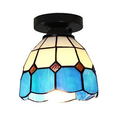 Tiffany Style Dome Ceiling Light Stained Glass 1 Light Flush Ceiling Light in White/Blue/Clear for Corridor Clearhalo 'Ceiling Lights' 'Close To Ceiling Lights' 'Close to ceiling' 'Glass shade' 'Glass' 'Pendant Lights' 'Semi-flushmount' 'Tiffany close to ceiling' 'Tiffany' Lighting' 62203