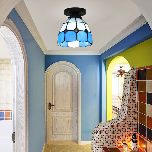 Tiffany Style Dome Ceiling Light Stained Glass 1 Light Flush Ceiling Light in White/Blue/Clear for Corridor Blue Clearhalo 'Ceiling Lights' 'Close To Ceiling Lights' 'Close to ceiling' 'Glass shade' 'Glass' 'Pendant Lights' 'Semi-flushmount' 'Tiffany close to ceiling' 'Tiffany' Lighting' 62204