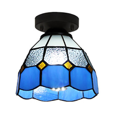 Tiffany Style Dome Ceiling Light Stained Glass 1 Light Flush Ceiling Light in White/Blue/Clear for Corridor Clear Clearhalo 'Ceiling Lights' 'Close To Ceiling Lights' 'Close to ceiling' 'Glass shade' 'Glass' 'Pendant Lights' 'Semi-flushmount' 'Tiffany close to ceiling' 'Tiffany' Lighting' 62205