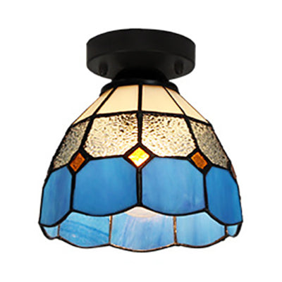 Tiffany Style Dome Ceiling Light Stained Glass 1 Light Flush Ceiling Light in White/Blue/Clear for Corridor Clearhalo 'Ceiling Lights' 'Close To Ceiling Lights' 'Close to ceiling' 'Glass shade' 'Glass' 'Pendant Lights' 'Semi-flushmount' 'Tiffany close to ceiling' 'Tiffany' Lighting' 62206