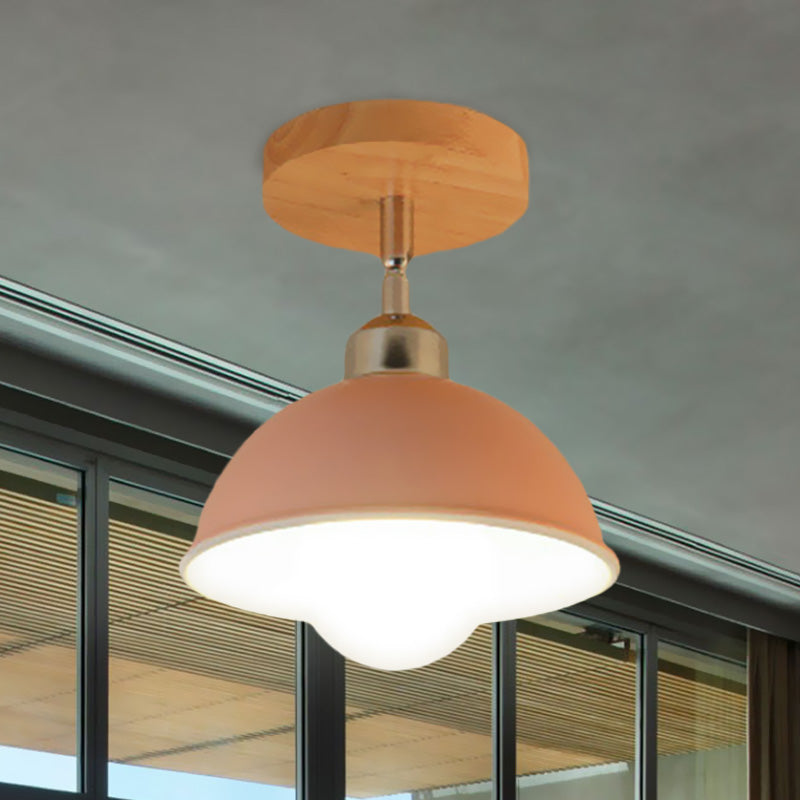 1 Head Rotatable Ceiling Light with Dome Shade Metal Macaron Indoor Semi Flush Mount Light in Pink/Yellow Pink Clearhalo 'Ceiling Lights' 'Close To Ceiling Lights' 'Close to ceiling' 'Semi-flushmount' Lighting' 622072