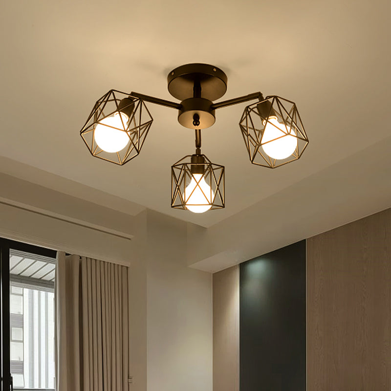 3/5 Bulbs Semi Flush Light with Geometric Cage Shade Iron Industrial Retro Living Room Ceiling Lamp in Black Clearhalo 'Ceiling Lights' 'Close To Ceiling Lights' 'Close to ceiling' 'Semi-flushmount' Lighting' 622083