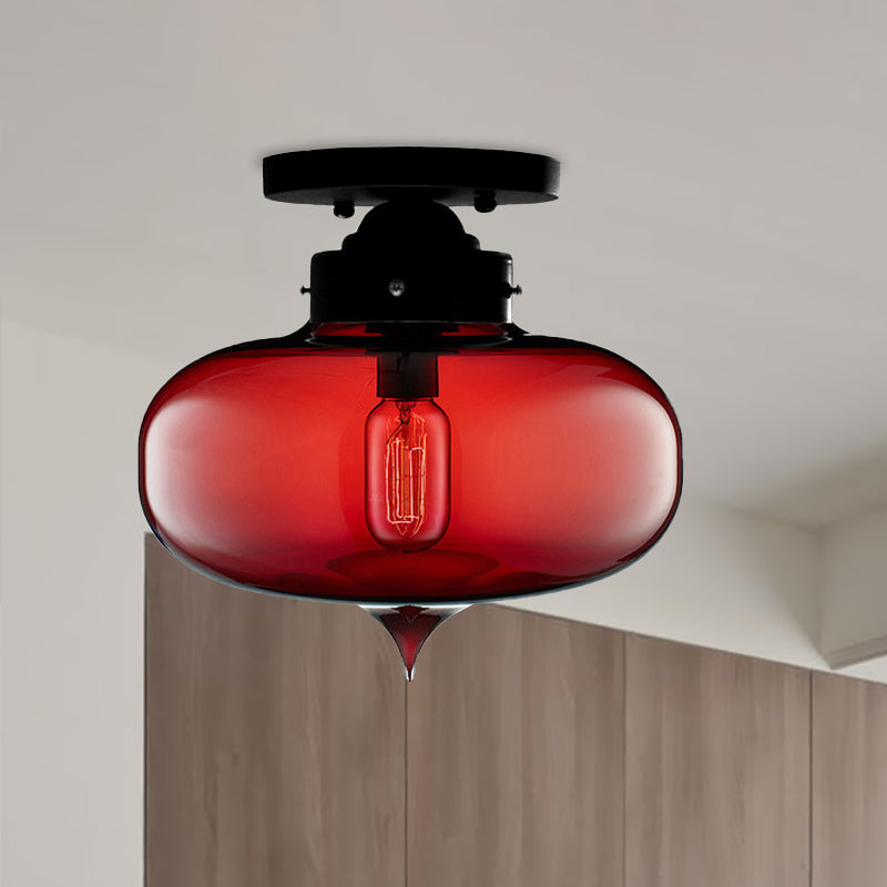 Black One Light Ceiling Mount Industrial Red/Brown/Amber Glass Oval Shade Semi Flush Light for Dining Room Red Clearhalo 'Ceiling Lights' 'Close To Ceiling Lights' 'Close to ceiling' 'Glass shade' 'Glass' 'Semi-flushmount' Lighting' 622091