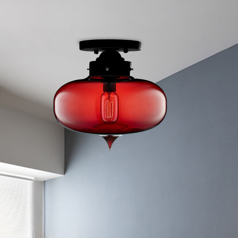 Black One Light Ceiling Mount Industrial Red/Brown/Amber Glass Oval Shade Semi Flush Light for Dining Room Clearhalo 'Ceiling Lights' 'Close To Ceiling Lights' 'Close to ceiling' 'Glass shade' 'Glass' 'Semi-flushmount' Lighting' 622092
