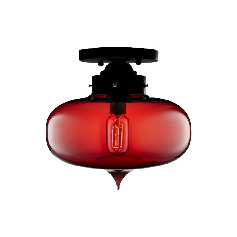 Black One Light Ceiling Mount Industrial Red/Brown/Amber Glass Oval Shade Semi Flush Light for Dining Room Clearhalo 'Ceiling Lights' 'Close To Ceiling Lights' 'Close to ceiling' 'Glass shade' 'Glass' 'Semi-flushmount' Lighting' 622094