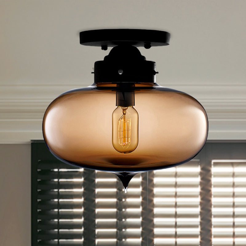 Black One Light Ceiling Mount Industrial Red/Brown/Amber Glass Oval Shade Semi Flush Light for Dining Room Brown Clearhalo 'Ceiling Lights' 'Close To Ceiling Lights' 'Close to ceiling' 'Glass shade' 'Glass' 'Semi-flushmount' Lighting' 622100