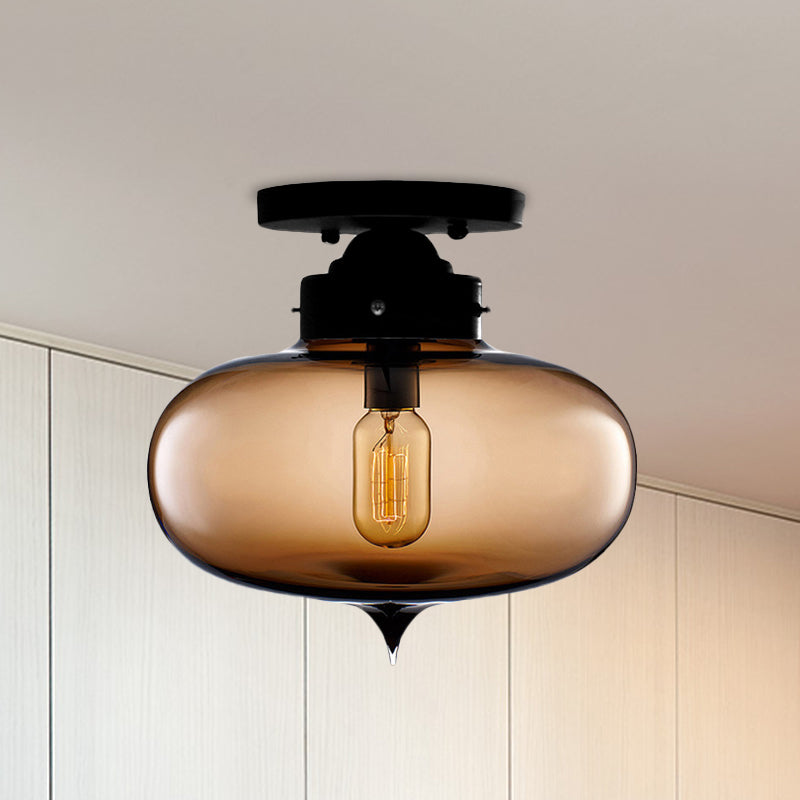 Black One Light Ceiling Mount Industrial Red/Brown/Amber Glass Oval Shade Semi Flush Light for Dining Room Clearhalo 'Ceiling Lights' 'Close To Ceiling Lights' 'Close to ceiling' 'Glass shade' 'Glass' 'Semi-flushmount' Lighting' 622101