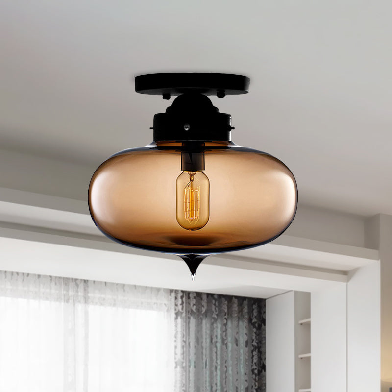 Black One Light Ceiling Mount Industrial Red/Brown/Amber Glass Oval Shade Semi Flush Light for Dining Room Clearhalo 'Ceiling Lights' 'Close To Ceiling Lights' 'Close to ceiling' 'Glass shade' 'Glass' 'Semi-flushmount' Lighting' 622102