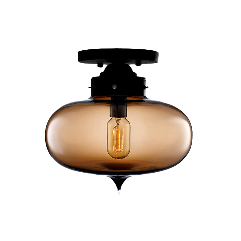 Black One Light Ceiling Mount Industrial Red/Brown/Amber Glass Oval Shade Semi Flush Light for Dining Room Clearhalo 'Ceiling Lights' 'Close To Ceiling Lights' 'Close to ceiling' 'Glass shade' 'Glass' 'Semi-flushmount' Lighting' 622103