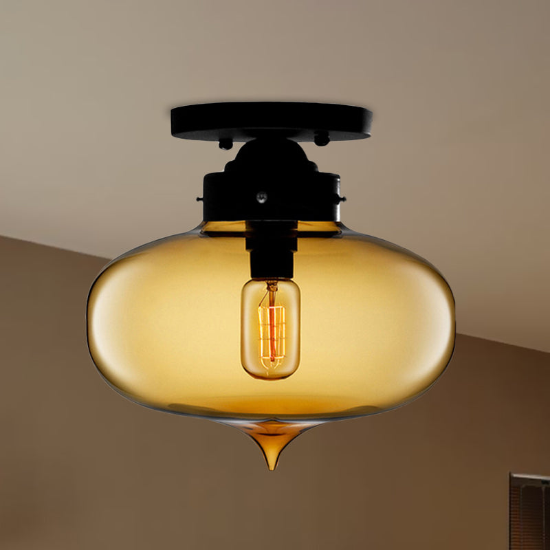 Black One Light Ceiling Mount Industrial Red/Brown/Amber Glass Oval Shade Semi Flush Light for Dining Room Amber Clearhalo 'Ceiling Lights' 'Close To Ceiling Lights' 'Close to ceiling' 'Glass shade' 'Glass' 'Semi-flushmount' Lighting' 622104