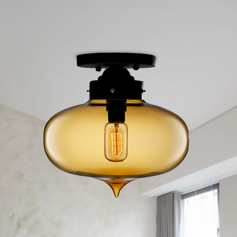 Black One Light Ceiling Mount Industrial Red/Brown/Amber Glass Oval Shade Semi Flush Light for Dining Room Clearhalo 'Ceiling Lights' 'Close To Ceiling Lights' 'Close to ceiling' 'Glass shade' 'Glass' 'Semi-flushmount' Lighting' 622105