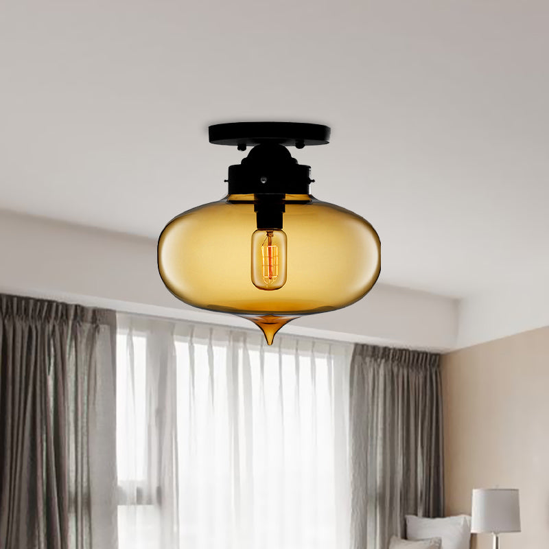 Black One Light Ceiling Mount Industrial Red/Brown/Amber Glass Oval Shade Semi Flush Light for Dining Room Clearhalo 'Ceiling Lights' 'Close To Ceiling Lights' 'Close to ceiling' 'Glass shade' 'Glass' 'Semi-flushmount' Lighting' 622106