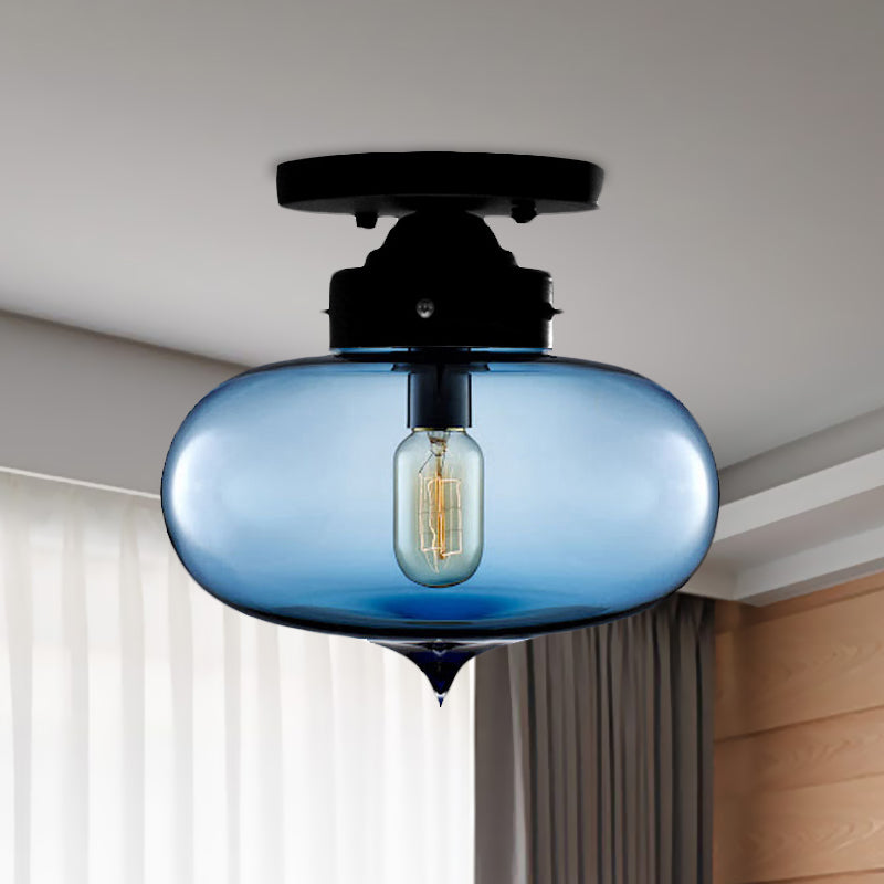 Black One Light Ceiling Mount Industrial Red/Brown/Amber Glass Oval Shade Semi Flush Light for Dining Room Blue Clearhalo 'Ceiling Lights' 'Close To Ceiling Lights' 'Close to ceiling' 'Glass shade' 'Glass' 'Semi-flushmount' Lighting' 622108