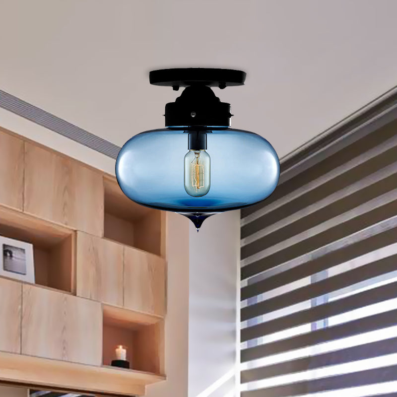 Black One Light Ceiling Mount Industrial Red/Brown/Amber Glass Oval Shade Semi Flush Light for Dining Room Clearhalo 'Ceiling Lights' 'Close To Ceiling Lights' 'Close to ceiling' 'Glass shade' 'Glass' 'Semi-flushmount' Lighting' 622109