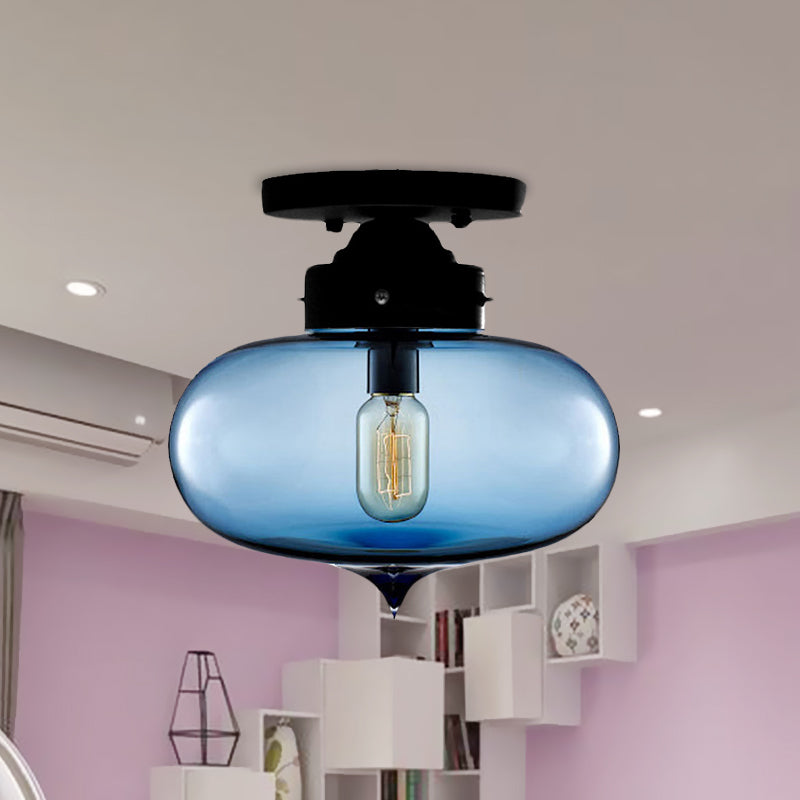 Black One Light Ceiling Mount Industrial Red/Brown/Amber Glass Oval Shade Semi Flush Light for Dining Room Clearhalo 'Ceiling Lights' 'Close To Ceiling Lights' 'Close to ceiling' 'Glass shade' 'Glass' 'Semi-flushmount' Lighting' 622110