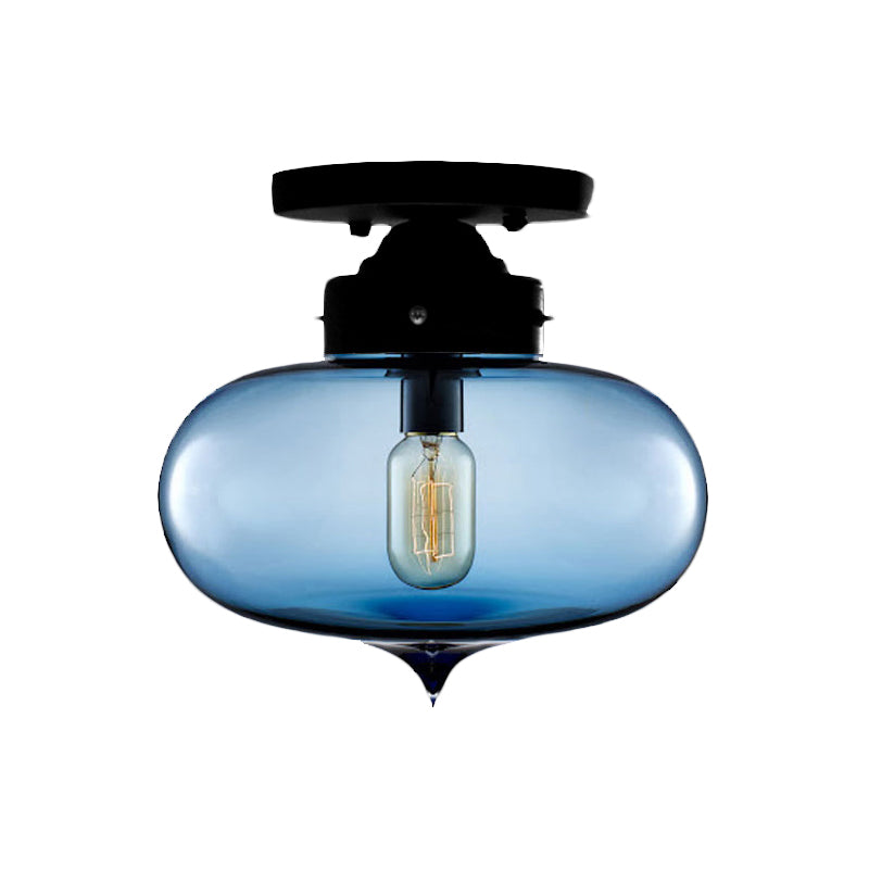 Black One Light Ceiling Mount Industrial Red/Brown/Amber Glass Oval Shade Semi Flush Light for Dining Room Clearhalo 'Ceiling Lights' 'Close To Ceiling Lights' 'Close to ceiling' 'Glass shade' 'Glass' 'Semi-flushmount' Lighting' 622111