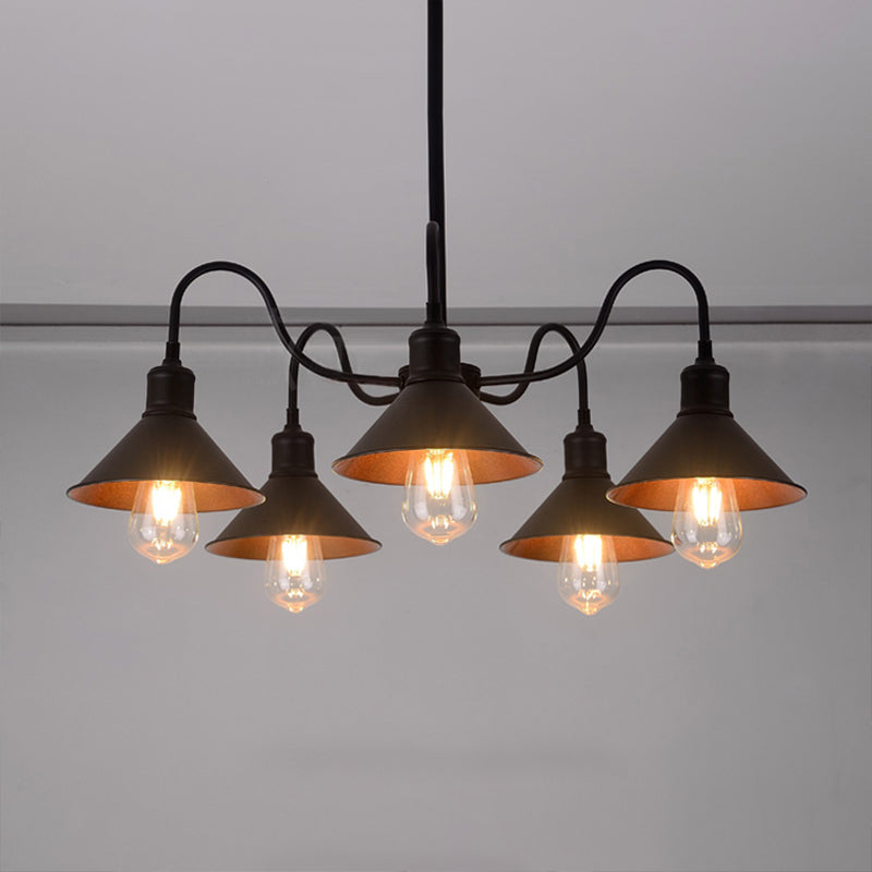 5 Lights Chandelier Lamp Antique Conic Shade Metal Chandelier Light Fixture with Curved Arm in Black Black Clearhalo 'Cast Iron' 'Ceiling Lights' 'Chandeliers' 'Industrial Chandeliers' 'Industrial' 'Metal' 'Middle Century Chandeliers' 'Rustic Chandeliers' 'Tiffany' Lighting' 622192