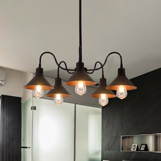 5 Lights Chandelier Lamp Antique Conic Shade Metal Chandelier Light Fixture with Curved Arm in Black Clearhalo 'Cast Iron' 'Ceiling Lights' 'Chandeliers' 'Industrial Chandeliers' 'Industrial' 'Metal' 'Middle Century Chandeliers' 'Rustic Chandeliers' 'Tiffany' Lighting' 622193
