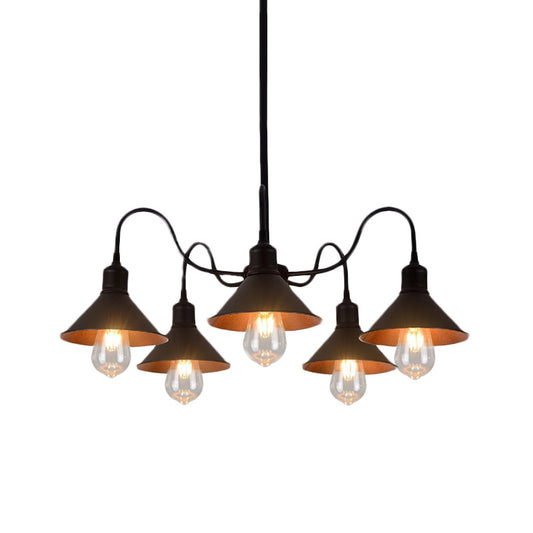 5 Lights Chandelier Lamp Antique Conic Shade Metal Chandelier Light Fixture with Curved Arm in Black Clearhalo 'Cast Iron' 'Ceiling Lights' 'Chandeliers' 'Industrial Chandeliers' 'Industrial' 'Metal' 'Middle Century Chandeliers' 'Rustic Chandeliers' 'Tiffany' Lighting' 622195