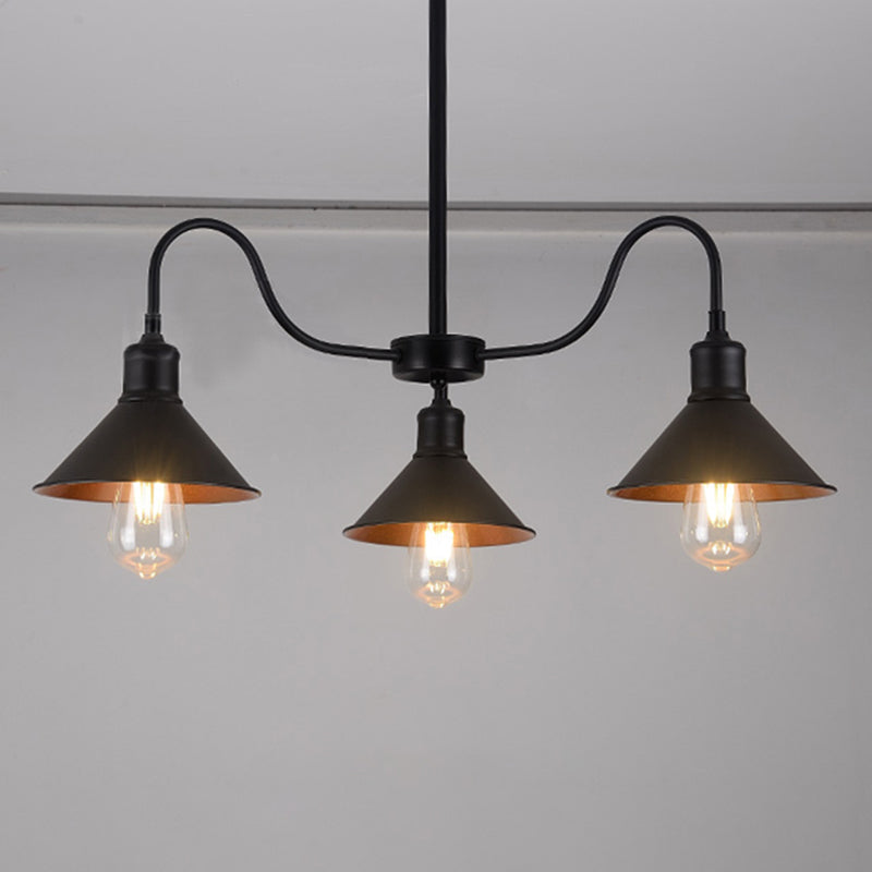 Black Conical Pendant Lamp Industrial Metal 3 Heads Kitchen Chandelier Light Fixture with Curved Arm Black Clearhalo 'Cast Iron' 'Ceiling Lights' 'Chandeliers' 'Industrial Chandeliers' 'Industrial' 'Metal' 'Middle Century Chandeliers' 'Rustic Chandeliers' 'Tiffany' Lighting' 622197