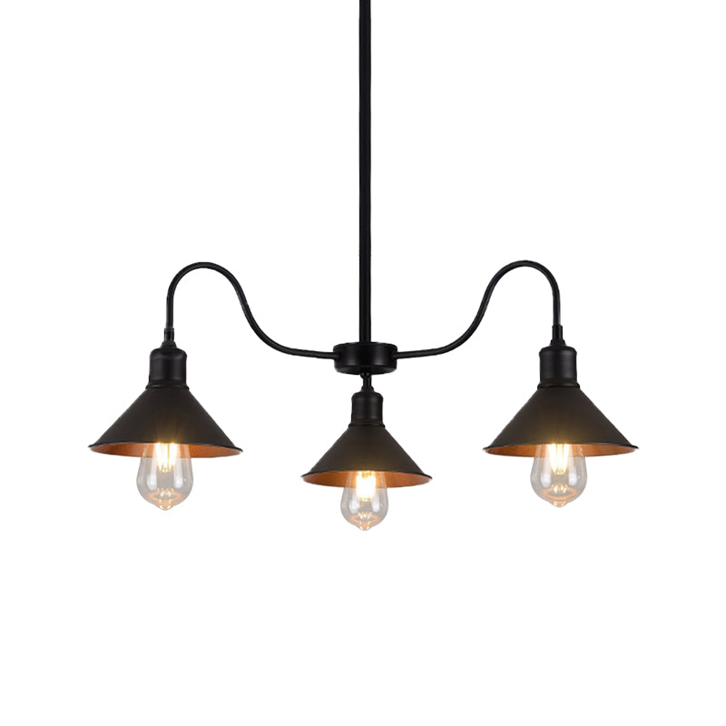 Black Conical Pendant Lamp Industrial Metal 3 Heads Kitchen Chandelier Light Fixture with Curved Arm Clearhalo 'Cast Iron' 'Ceiling Lights' 'Chandeliers' 'Industrial Chandeliers' 'Industrial' 'Metal' 'Middle Century Chandeliers' 'Rustic Chandeliers' 'Tiffany' Lighting' 622200