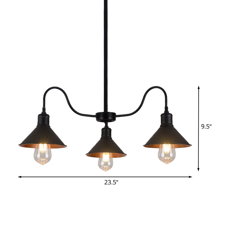 Black Conical Pendant Lamp Industrial Metal 3 Heads Kitchen Chandelier Light Fixture with Curved Arm Clearhalo 'Cast Iron' 'Ceiling Lights' 'Chandeliers' 'Industrial Chandeliers' 'Industrial' 'Metal' 'Middle Century Chandeliers' 'Rustic Chandeliers' 'Tiffany' Lighting' 622201