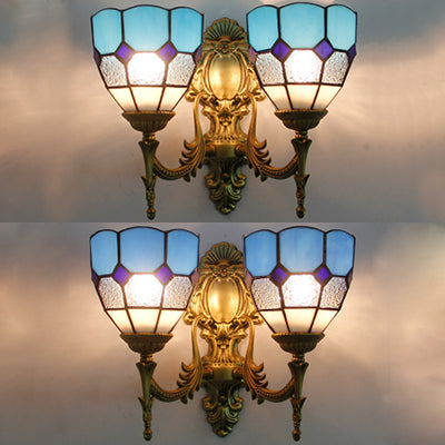2 Lights Bowl Wall Mount Light Vintage Stained Glass Wall Lighting in Blue/Sky Blue for Living Room Clearhalo 'Industrial' 'Middle century wall lights' 'Tiffany wall lights' 'Tiffany' 'Wall Lamps & Sconces' 'Wall Lights' Lighting' 62225