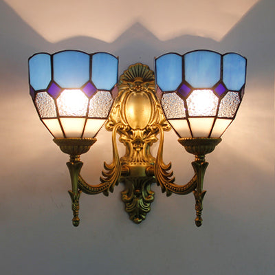 2 Lights Bowl Wall Mount Light Vintage Stained Glass Wall Lighting in Blue/Sky Blue for Living Room Blue Clearhalo 'Industrial' 'Middle century wall lights' 'Tiffany wall lights' 'Tiffany' 'Wall Lamps & Sconces' 'Wall Lights' Lighting' 62227