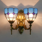 2 Lights Bowl Wall Mount Light Vintage Stained Glass Wall Lighting in Blue/Sky Blue for Living Room Blue Clearhalo 'Industrial' 'Middle century wall lights' 'Tiffany wall lights' 'Tiffany' 'Wall Lamps & Sconces' 'Wall Lights' Lighting' 62227