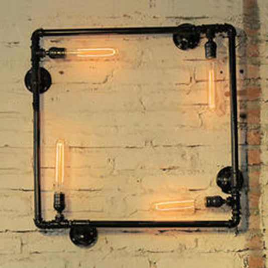 4 Bulbs Metal Wall Mount Light Farmhouse Black/Silver Piping Restaurant Wall Sconce Lighting with Square Design Black Clearhalo 'Art deco wall lights' 'Cast Iron' 'Glass' 'Industrial wall lights' 'Industrial' 'Middle century wall lights' 'Modern' 'Rustic wall lights' 'Tiffany' 'Traditional wall lights' 'Wall Lamps & Sconces' 'Wall Lights' Lighting' 62233