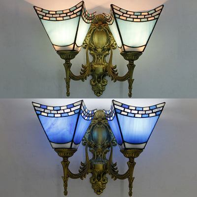 Nautical Geometric Wall Lamp Stained Glass 2 Lights Wall Mount Light in Sky Blue/Blue for Bedroom Clearhalo 'Industrial' 'Middle century wall lights' 'Tiffany wall lights' 'Tiffany' 'Wall Lamps & Sconces' 'Wall Lights' Lighting' 62234