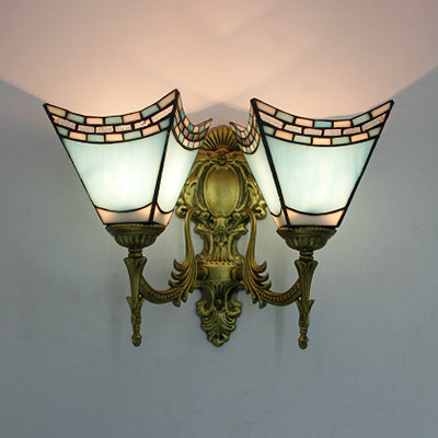 Nautical Geometric Wall Lamp Stained Glass 2 Lights Wall Mount Light in Sky Blue/Blue for Bedroom Sky Blue Clearhalo 'Industrial' 'Middle century wall lights' 'Tiffany wall lights' 'Tiffany' 'Wall Lamps & Sconces' 'Wall Lights' Lighting' 62235