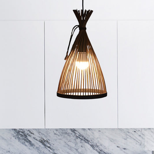 1 Bulb Restaurant Pendant Lamp with Conical Bamboo Shade Modern Style Black/Beige Hanging Ceiling Light, 8"/10" W Clearhalo 'Ceiling Lights' 'Pendant Lights' 'Pendants' Lighting' 622357