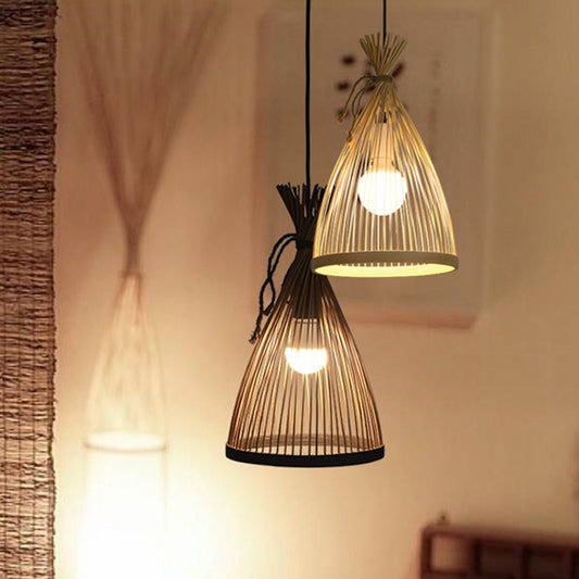 1 Bulb Restaurant Pendant Lamp with Conical Bamboo Shade Modern Style Black/Beige Hanging Ceiling Light, 8"/10" W Clearhalo 'Ceiling Lights' 'Pendant Lights' 'Pendants' Lighting' 622358