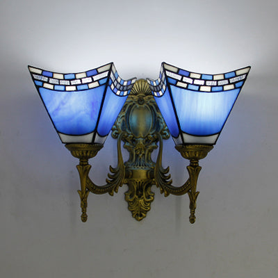 Nautical Geometric Wall Lamp Stained Glass 2 Lights Wall Mount Light in Sky Blue/Blue for Bedroom Blue Clearhalo 'Industrial' 'Middle century wall lights' 'Tiffany wall lights' 'Tiffany' 'Wall Lamps & Sconces' 'Wall Lights' Lighting' 62236