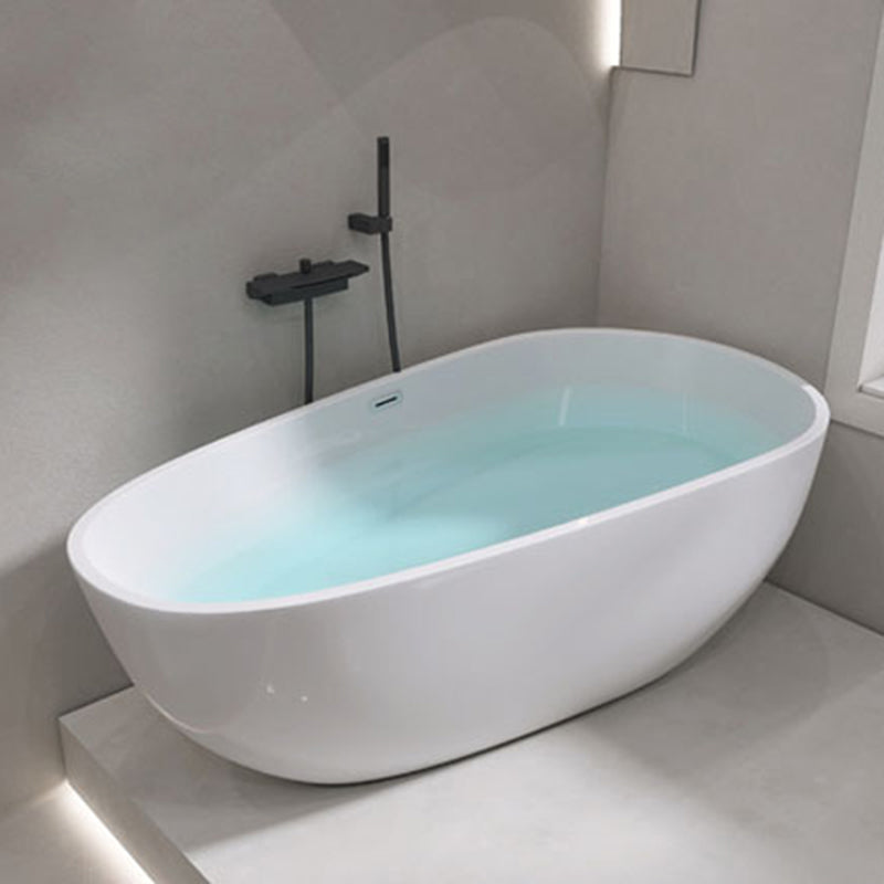 Oval Freestanding Soaking Bathtub Modern Acrylic Bathtub with Drain and Overflow Trim White Tub with Wall Mounted Faucets Clearhalo 'Bathroom Remodel & Bathroom Fixtures' 'Bathtubs' 'Home Improvement' 'home_improvement' 'home_improvement_bathtubs' 'Showers & Bathtubs' 6226091