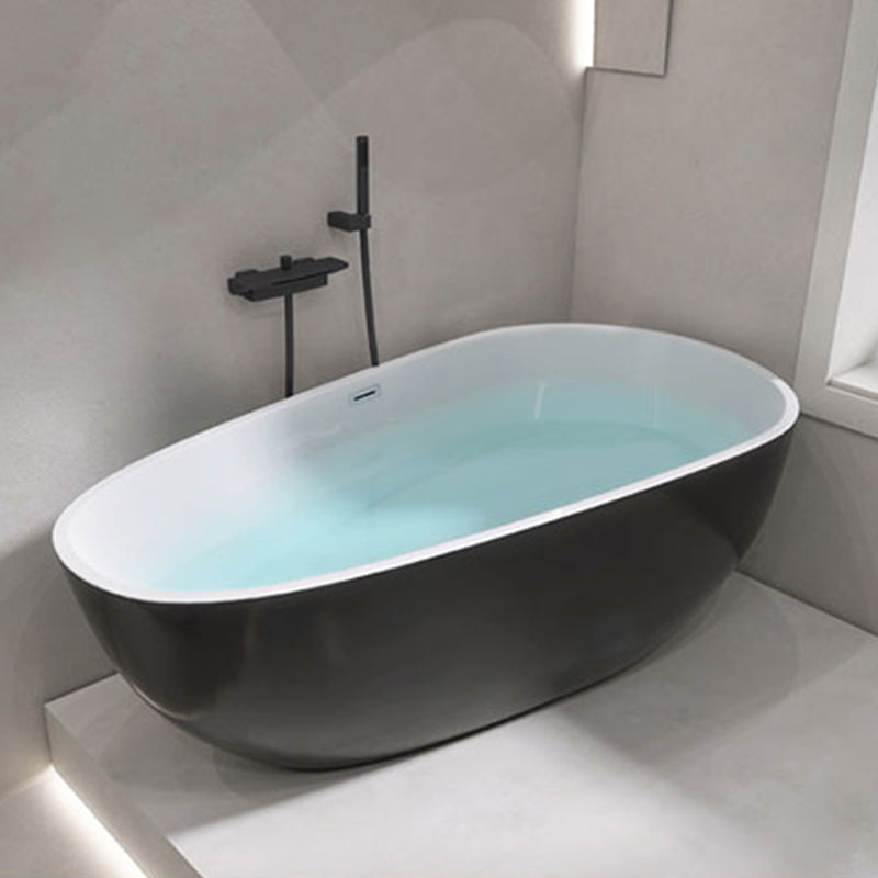 Oval Freestanding Soaking Bathtub Modern Acrylic Bathtub with Drain and Overflow Trim Black White Tub with Wall Mounted Faucets Clearhalo 'Bathroom Remodel & Bathroom Fixtures' 'Bathtubs' 'Home Improvement' 'home_improvement' 'home_improvement_bathtubs' 'Showers & Bathtubs' 6226093