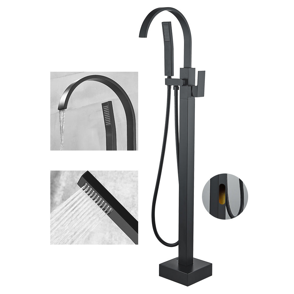 Modern High Arc Faucet Brass Floor Mounted Free Standing Tub Filler Faucet Black Square Rectangle Wall Clearhalo 'Bathroom Remodel & Bathroom Fixtures' 'Bathtub Faucets' 'bathtub_faucets' 'Home Improvement' 'home_improvement' 'home_improvement_bathtub_faucets' 6226242