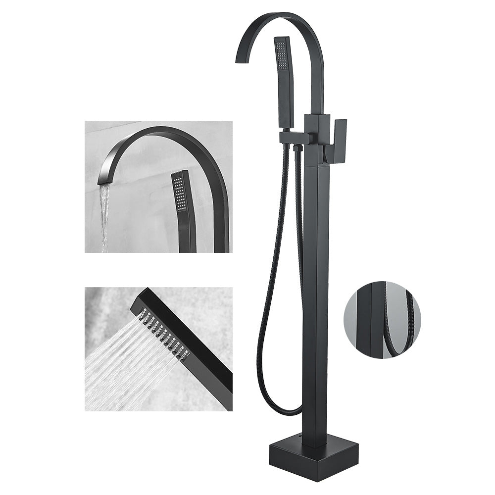 Modern High Arc Faucet Brass Floor Mounted Free Standing Tub Filler Faucet Black Square/ Rectangle Ground Clearhalo 'Bathroom Remodel & Bathroom Fixtures' 'Bathtub Faucets' 'bathtub_faucets' 'Home Improvement' 'home_improvement' 'home_improvement_bathtub_faucets' 6226244