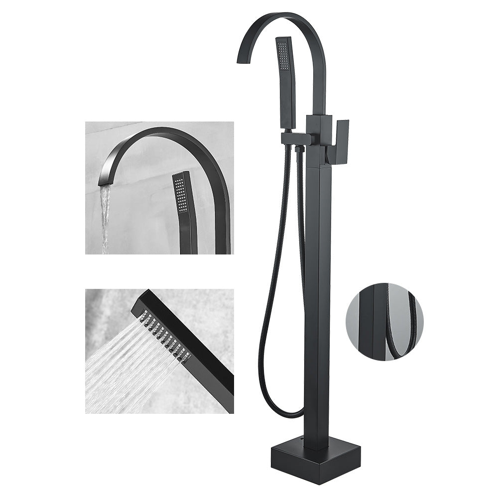 Modern High Arc Faucet Brass Floor Mounted Free Standing Tub Filler Faucet Black Square Rectangle Ground Clearhalo 'Bathroom Remodel & Bathroom Fixtures' 'Bathtub Faucets' 'bathtub_faucets' 'Home Improvement' 'home_improvement' 'home_improvement_bathtub_faucets' 6226244