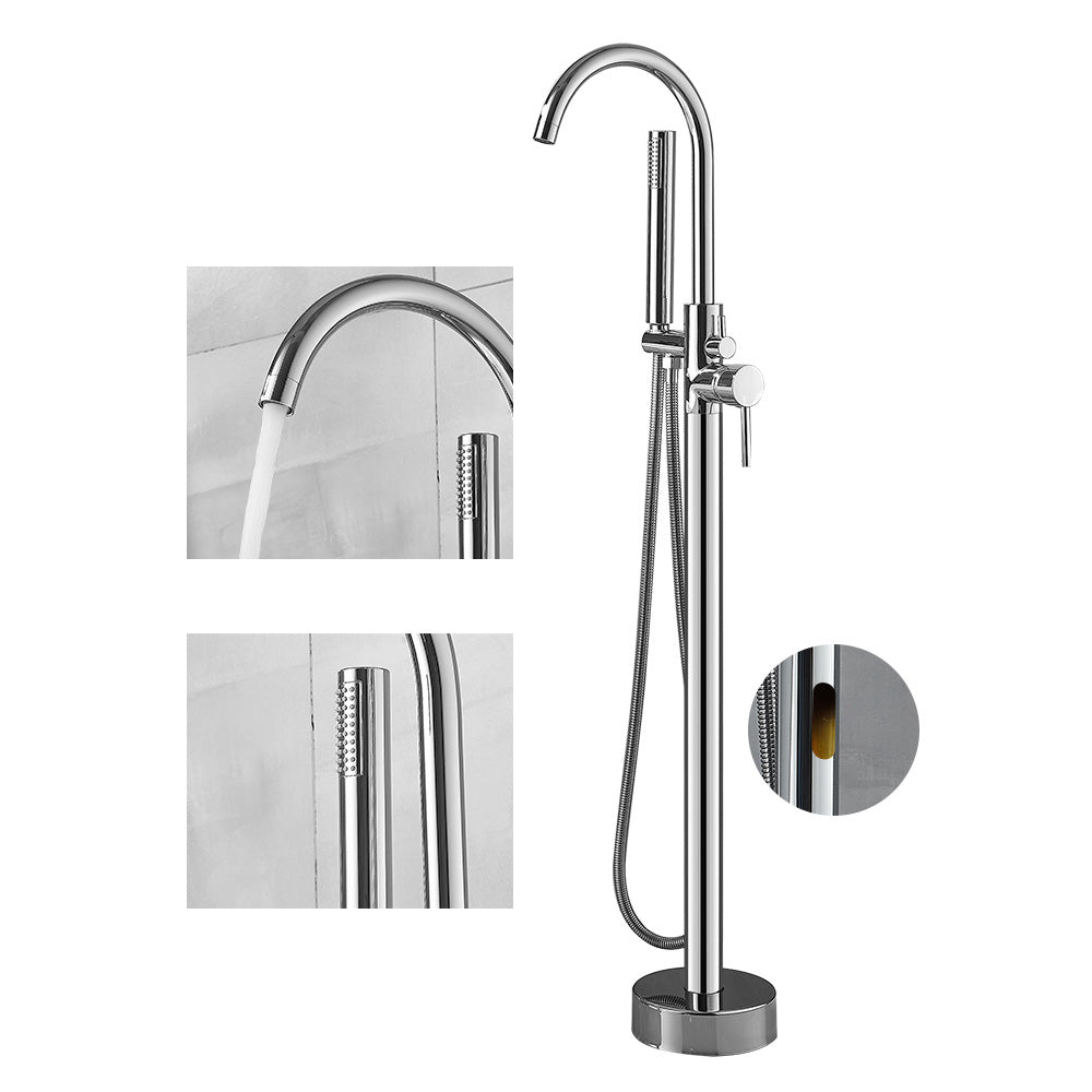 Modern High Arc Faucet Brass Floor Mounted Free Standing Tub Filler Faucet Silver Round Wall Clearhalo 'Bathroom Remodel & Bathroom Fixtures' 'Bathtub Faucets' 'bathtub_faucets' 'Home Improvement' 'home_improvement' 'home_improvement_bathtub_faucets' 6226245