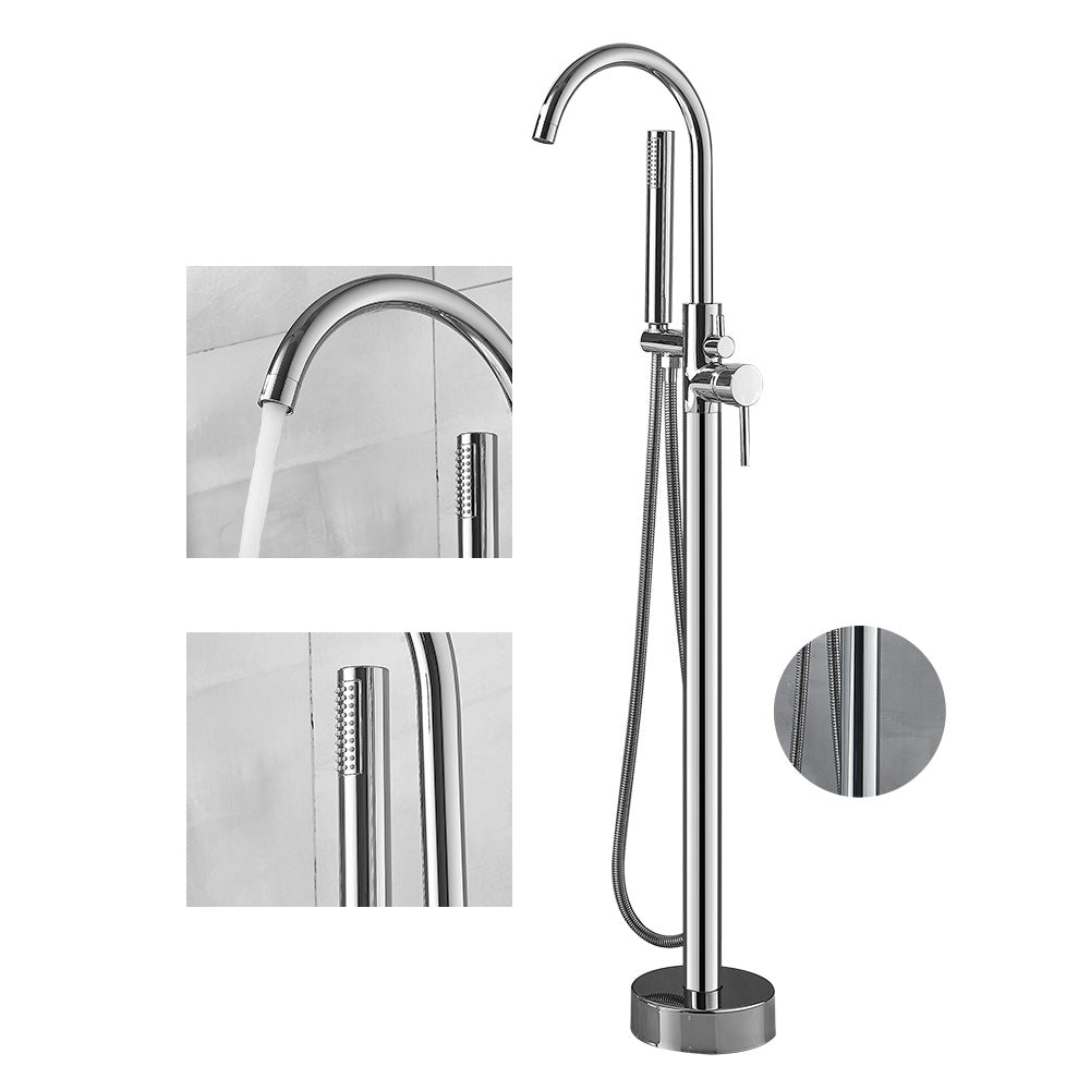Modern High Arc Faucet Brass Floor Mounted Free Standing Tub Filler Faucet Silver Round Ground Clearhalo 'Bathroom Remodel & Bathroom Fixtures' 'Bathtub Faucets' 'bathtub_faucets' 'Home Improvement' 'home_improvement' 'home_improvement_bathtub_faucets' 6226247