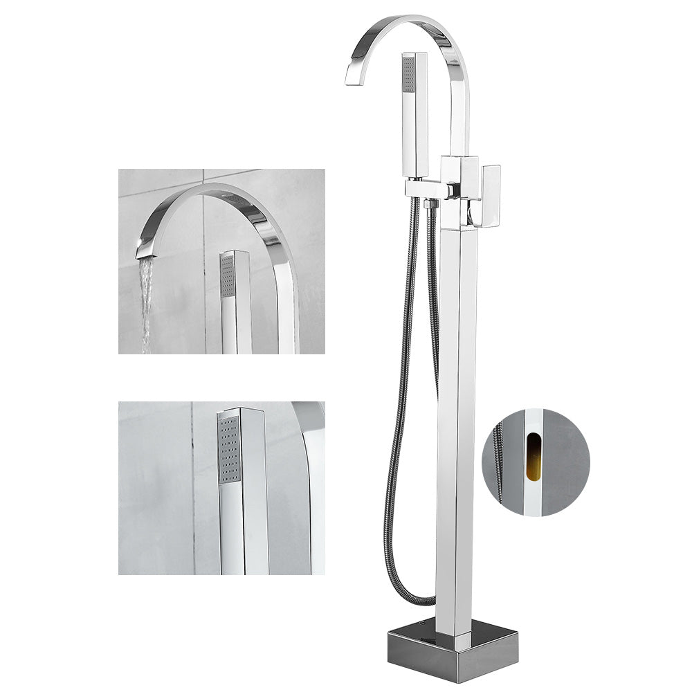 Modern High Arc Faucet Brass Floor Mounted Free Standing Tub Filler Faucet Silver Square/ Rectangle Wall Clearhalo 'Bathroom Remodel & Bathroom Fixtures' 'Bathtub Faucets' 'bathtub_faucets' 'Home Improvement' 'home_improvement' 'home_improvement_bathtub_faucets' 6226249