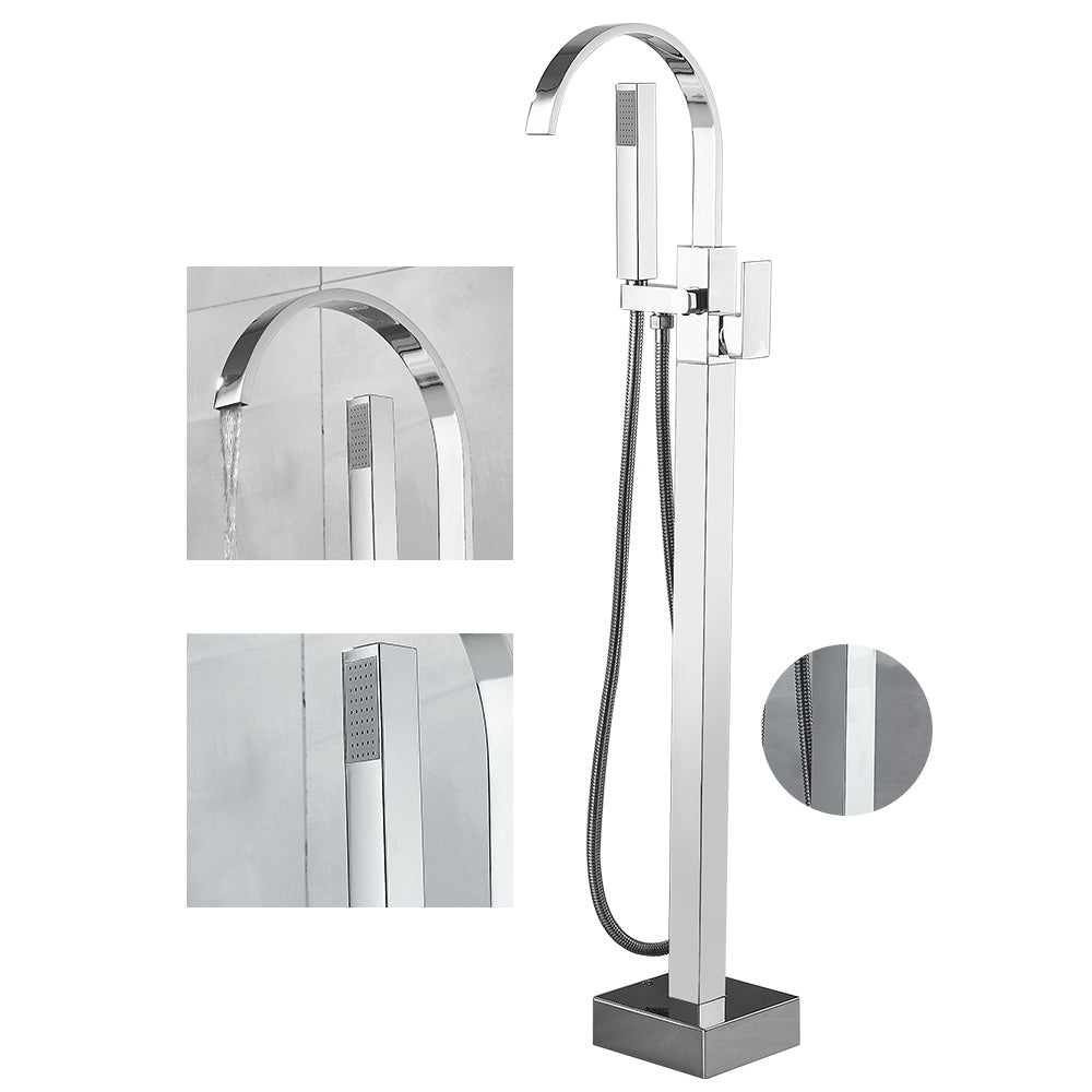 Modern High Arc Faucet Brass Floor Mounted Free Standing Tub Filler Faucet Silver Square/ Rectangle Ground Clearhalo 'Bathroom Remodel & Bathroom Fixtures' 'Bathtub Faucets' 'bathtub_faucets' 'Home Improvement' 'home_improvement' 'home_improvement_bathtub_faucets' 6226251