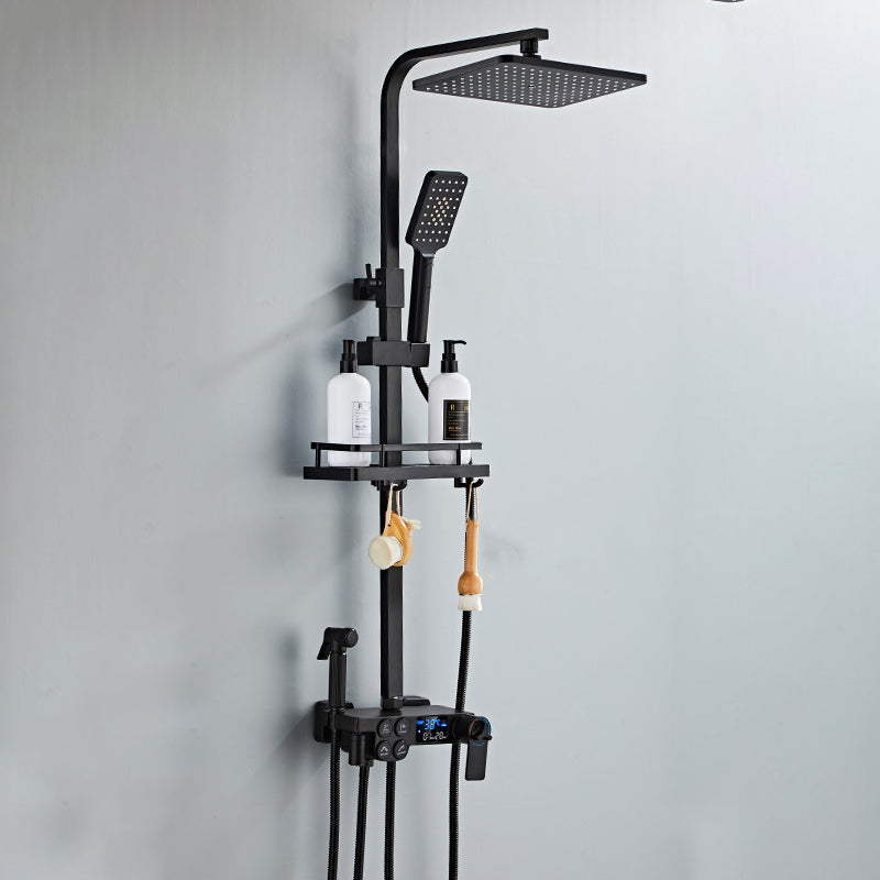 Modern Volume Control Shower Dual Shower Head Square Shower Faucet with Massage Jets Black Square Rectangle Thermostatic Clearhalo 'Bathroom Remodel & Bathroom Fixtures' 'Home Improvement' 'home_improvement' 'home_improvement_shower_faucets' 'Shower Faucets & Systems' 'shower_faucets' 'Showers & Bathtubs Plumbing' 'Showers & Bathtubs' 6226468